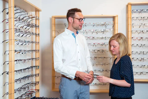 Optician Shop Young Blond Woman Selecting New Glasses — Stock Photo, Image