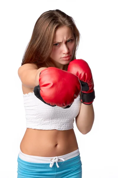 Αθλητικό Κορίτσι Κόκκινα Γάντια Μάχης Λευκό Φόντο — Φωτογραφία Αρχείου