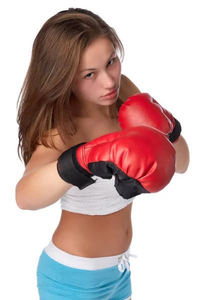 Deportiva Chica Guantes Combate Rojos Sobre Fondo Blanco —  Fotos de Stock