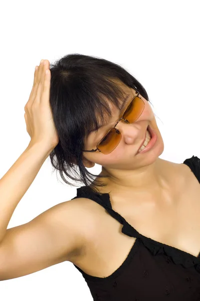 Azji Sexy Kobieta Czarny Sukienka Noszenie Okulary Przeciwsłoneczne Mają Ból — Zdjęcie stockowe