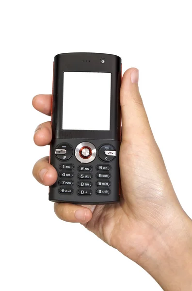 Mobiltelefon Kvinna Hand Vit Bakgrund — Stockfoto