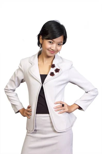 Mulher Negócios Posando Fundo Branco Ela Parece Bonita Fresca Vestindo — Fotografia de Stock