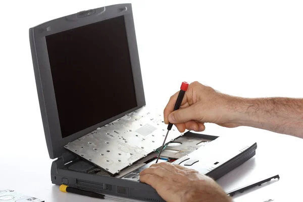 Man Hand Laptop Computer Isolated White — Stock Photo, Image