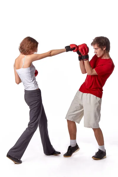 Pareja Deportiva Guantes Combate Rojos Sobre Fondo Blanco —  Fotos de Stock