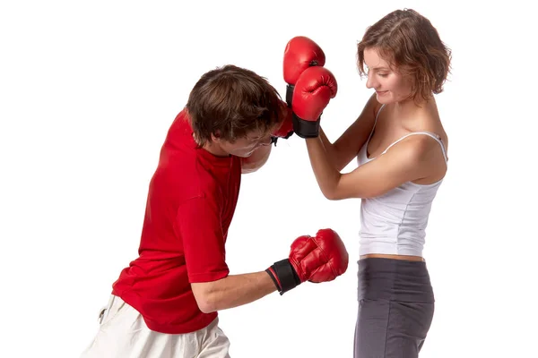 Sporty Couple Red Fighting Gloves White Background — Stock Photo, Image