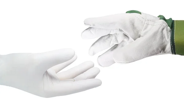 Två Händer Handskar Framför Vit Bakgrund — Stockfoto