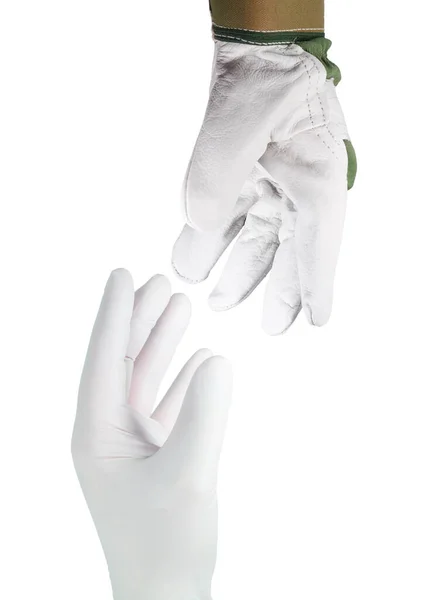 Δύο Χέρια Γάντια Μπροστά Από Λευκό Φόντο — Φωτογραφία Αρχείου