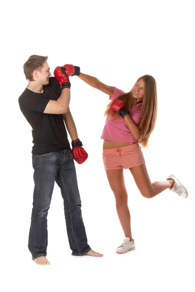 Sportliches Paar Roten Kampfhandschuhen Auf Weißem Hintergrund — Stockfoto