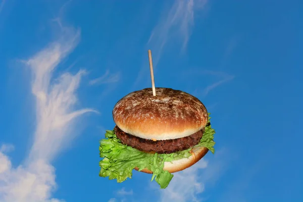 Frisch Duftenden Appetitlich Knusprigen Burger Hamburger Vor Einem Klaren Blauen — Stockfoto