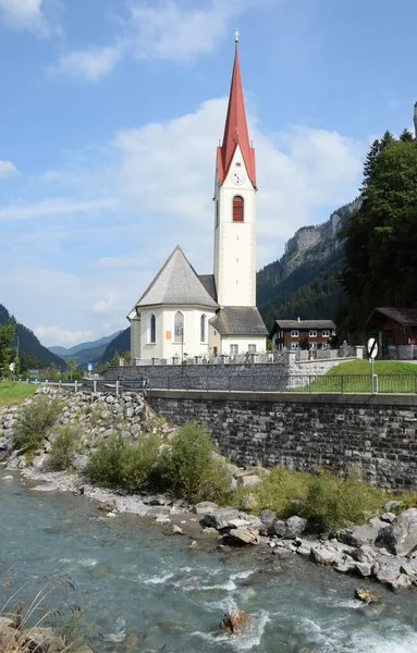 Iglesia Bregenzer Ach Bregenzerach Río Arroyo Bergbach Corriente Vorarlberg Austria — Foto de Stock