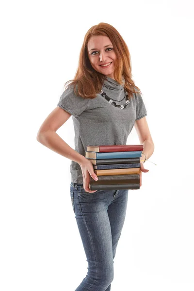 Estudiante Atractivo Está Parado Con Los Libros Sobre Fondo Blanco — Foto de Stock