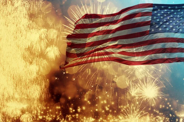 Stati Uniti America Bandiera Usa Con Sfondo Fuochi Artificio Luglio — Foto Stock