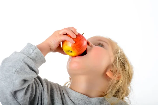 在白色背景前吃苹果的小女孩很有趣 — 图库照片