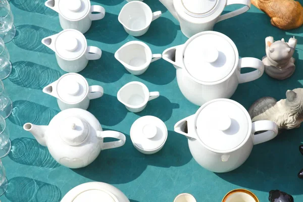 White Porcelain Teapots Jug Flea Market Bremen Germany Europe — Stock Photo, Image