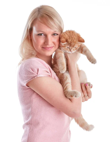 Happy Young Woman Small Amusing Kitten White Background — Stok fotoğraf