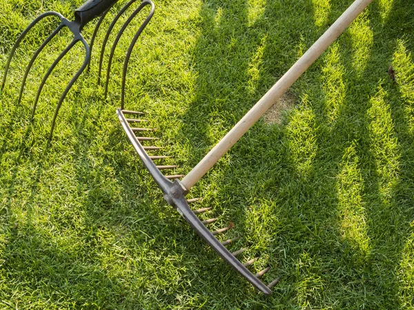 Großansicht Eines Rasens Mit Harke Und Mistgabel Und Schatten — Stockfoto