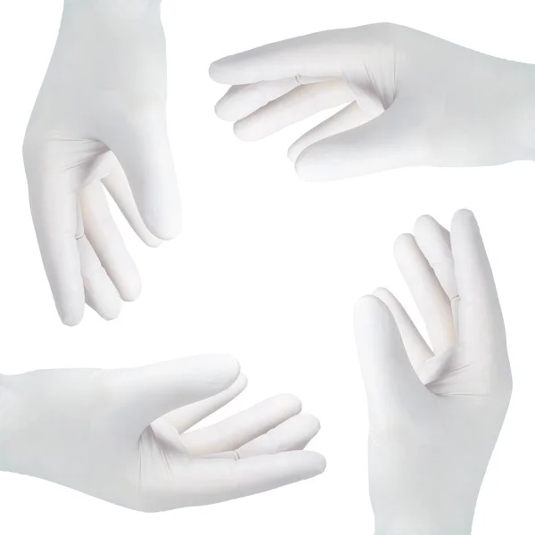 Čtyři Ruce Rukavicích Bílém Pozadí — Stock fotografie