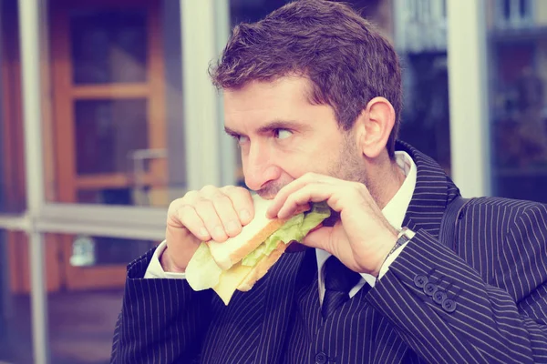 Businessman Suit Front City Background Eating — 스톡 사진