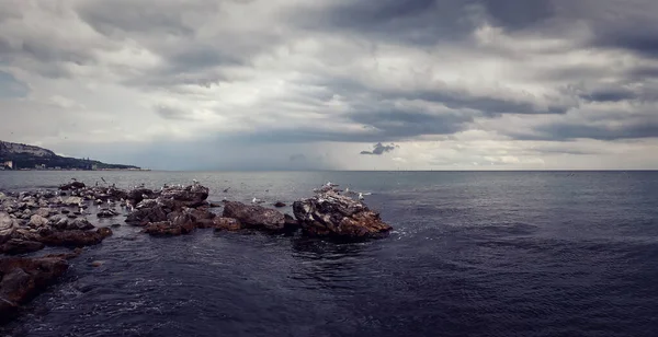 Przylądek Morski Dramatycznym Zachmurzonym Niebem Piękny Widok Wybrzeże Morza Czarnego — Zdjęcie stockowe
