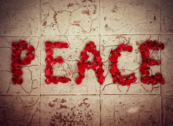 Illustration of word peace by red rose petals on a old texture