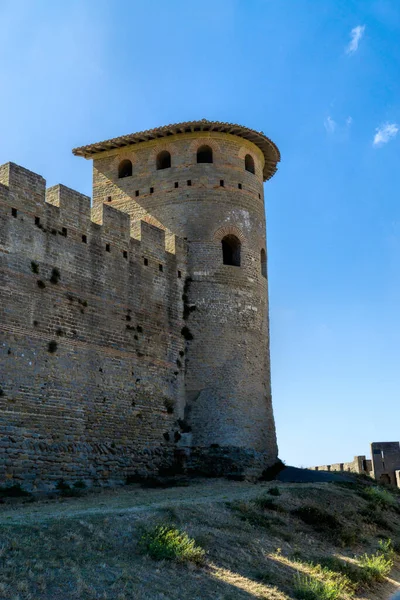 Укрепленная Башня Крепостная Стена Исторического Фортификационного Каркассона Французском Языке — стоковое фото