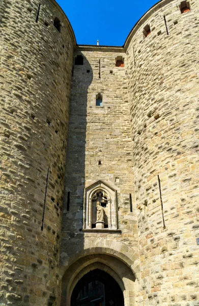 Vue Détaillée Des Tours Avec Portail Entrée Forteresse Médiévale Carcassonne — Photo