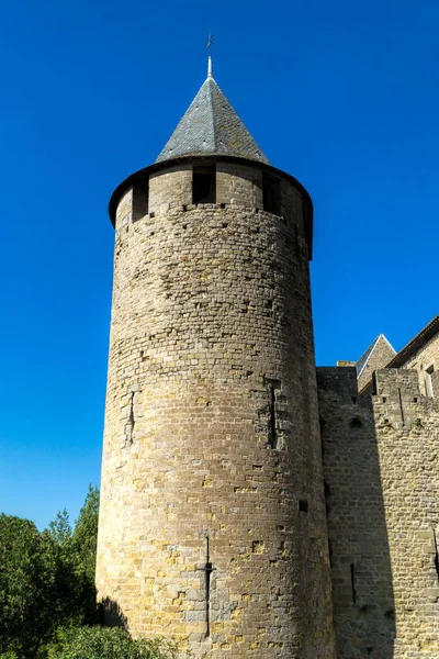 Vista Uma Torre Fortaleza Histórica Carcassonne Sul França — Fotografia de Stock