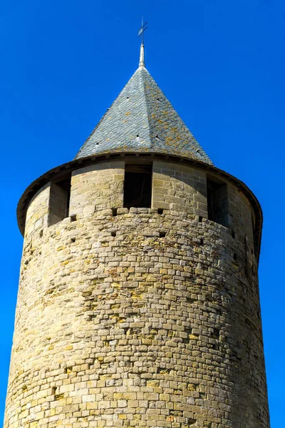 Detalhe Uma Torre Castelo Fortaleza Histórica Carcassonne França — Fotografia de Stock