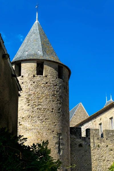 Torre Parti Della Cinta Muraria Dell Antica Città Fortificata Carcassonne — Foto Stock