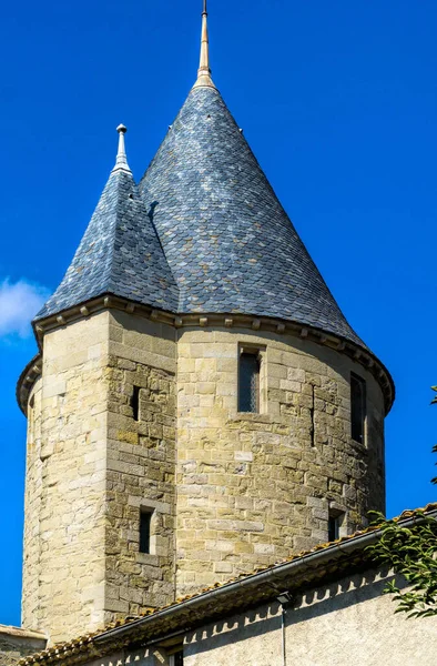 Ronde Toren Van Middeleeuwse Burganlage Carcassonne Historische Vestingstad Frankrijk — Stockfoto