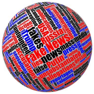 Three-dimensional 3D ball with colored fake news tag word cloud isolated on white clipart