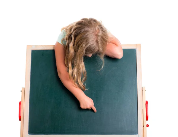 Blond Girl Showing Forefinger Blackboard Front White Background — Stock Photo, Image