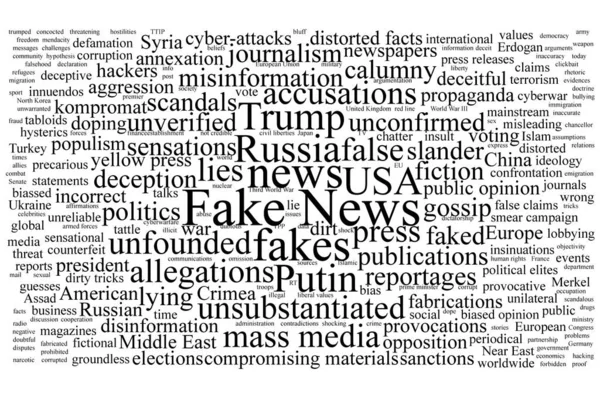 Word tag cloud on the topic of fake news with black text isolated on white background