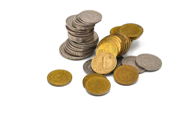 Munten Verschillende Valuta Een Witte Achtergrond — Stockfoto