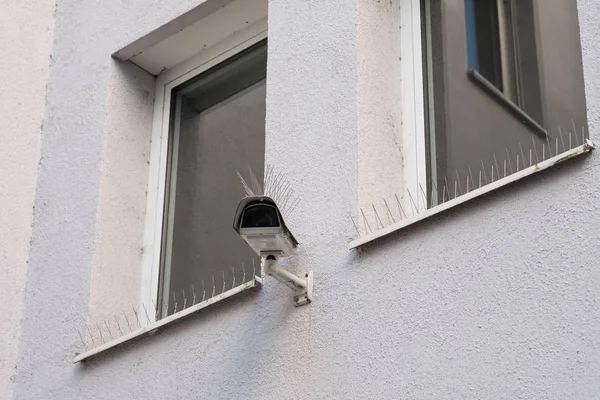 有鸽子防御的安保摄像头 不锈钢钉在墙上 — 图库照片