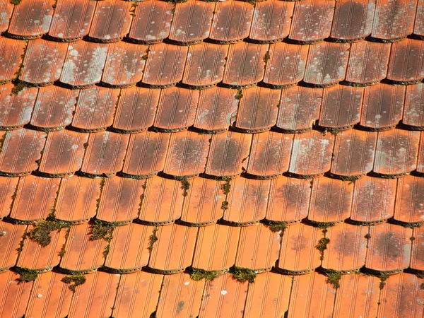 Red Industrial Tile Roof Con Sfondo Alga Patina — Foto Stock