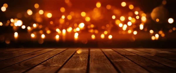 Fondo Bokeh Brillante Rojo Con Mesa Madera Vacía Para Evento —  Fotos de Stock