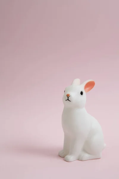 Cute White Plastic Bunny Pink Background Minimal Color Still Life — Stock Photo, Image
