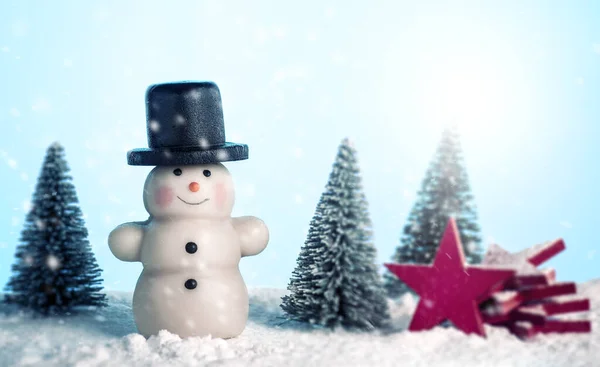 Snowman Marzipan Con Árboles Abeto Estrellas Madera Roja Nieve Azúcar —  Fotos de Stock