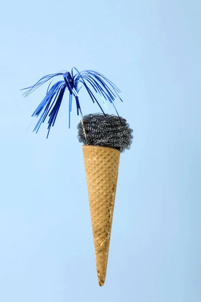 Ice Cream Cone Whose Scoop Replaced Metallic Scouring Pad Sponge — Stock Photo, Image