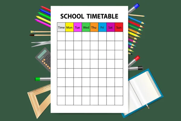Vertically Oriented Vector School Timetable Green Background School Equipment Sizzling — Stock Photo, Image