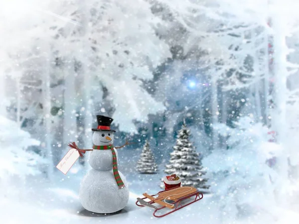 Christmas Winter Park Snowman Gifts Trees Covered Snow Rendering — Stock Photo, Image