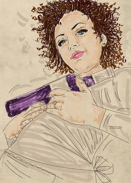Cam Şişe Şaraplı Kıvırcık Kadın Portresi — Stok fotoğraf