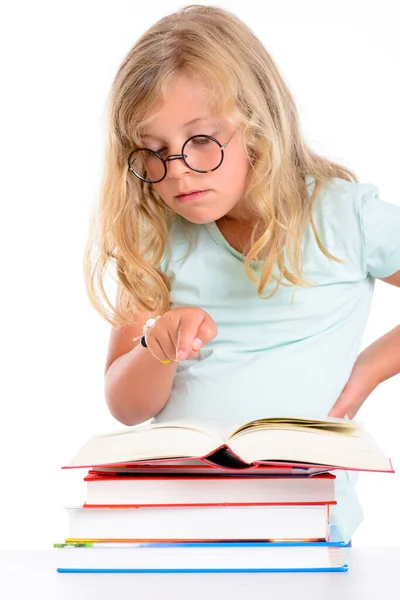 Dulce Chica Divertida Con Pila Libros Gafas Redondas — Foto de Stock