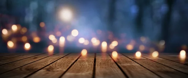 Lumières Dans Une Forêt Sombre Mystique Avec Clair Lune Plancher — Photo