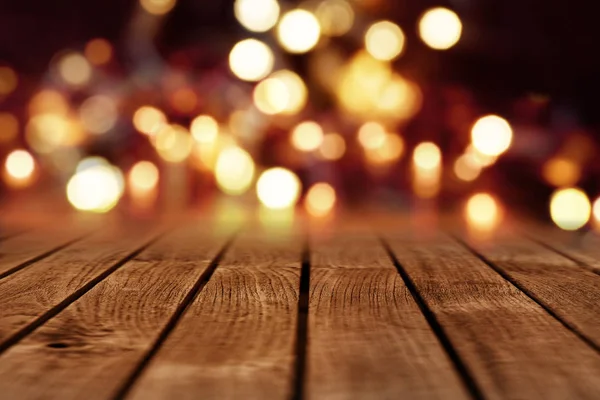 Altın Bokeh Noel Arkaplanı Dekorasyon Için Ahşap Masa — Stok fotoğraf