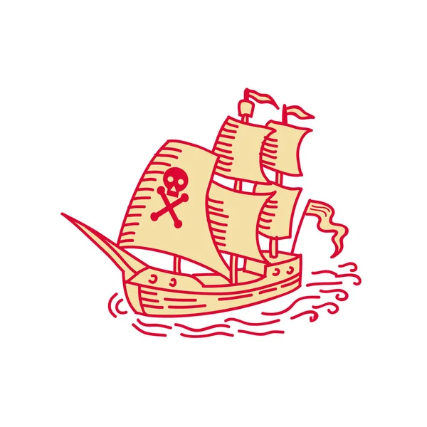 航行船舶帆船从前面在孤立的白色背景上设置一个海盗的单线条样式插图 — 图库照片