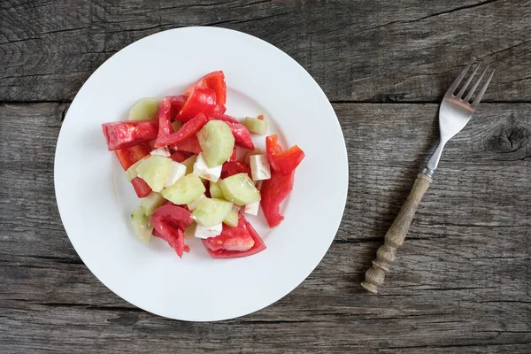 Vista Superior Salada Camponesa Grega Tomates Páprica Pepino Queijo Feta — Fotografia de Stock