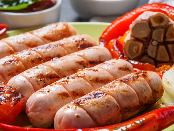 Close View Chicken Homemade Sausages Grilled Sausages Grilled Vegetables Green — Stock Photo, Image