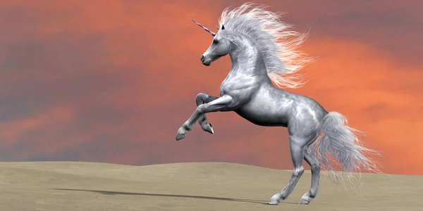 Unicorn Stallion White Satin Hide Rears Desert Environment Burst Energy — Stock Photo, Image